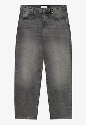 Jean en denim gris avec une coupe ample, comprenant cinq poches, une fermeture éclair et une légère décoloration. Design classique à jambes droites et coutures surpiquées.