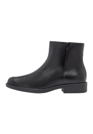 Schwarzer Leder-Knöchelstiefel mit niedrigem Blockabsatz und glatter Oberfläche, Seitenansicht auf weißem Hintergrund.