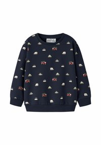 Mörkblå sweatshirt med ett mönster av små färgglada fordon, inklusive brandbilar och bilar; tillverkad av mjukt tyg med ribbade muddar.