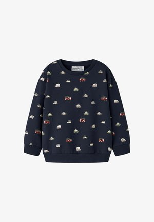 Sudadera azul marino con un patrón de pequeños vehículos coloridos, incluyendo camiones de bomberos y coches; fabricada con un tejido suave y puños acanalados.