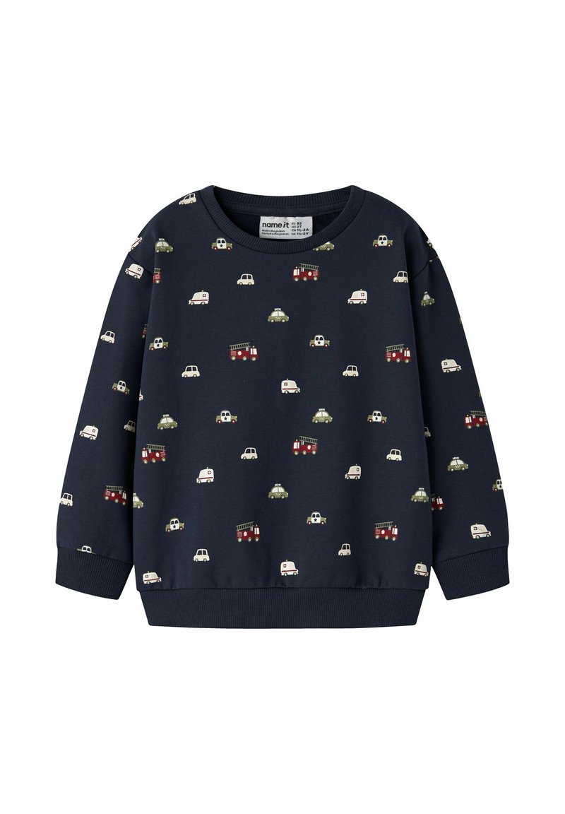 Mörkblå sweatshirt med ett mönster av små färgglada fordon, inklusive brandbilar och bilar; tillverkad av mjukt tyg med ribbade muddar.