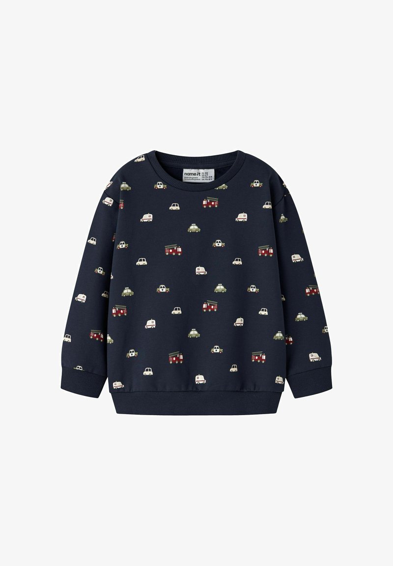 Mörkblå sweatshirt med ett mönster av små färgglada fordon, inklusive brandbilar och bilar; tillverkad av mjukt tyg med ribbade muddar.