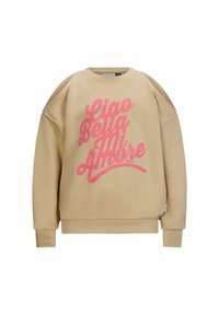 Felpa beige con collo a giro e design oversize. Presenta una scritta grafica rosa "Ciao Bella Amore" sul davanti. Texture morbida.