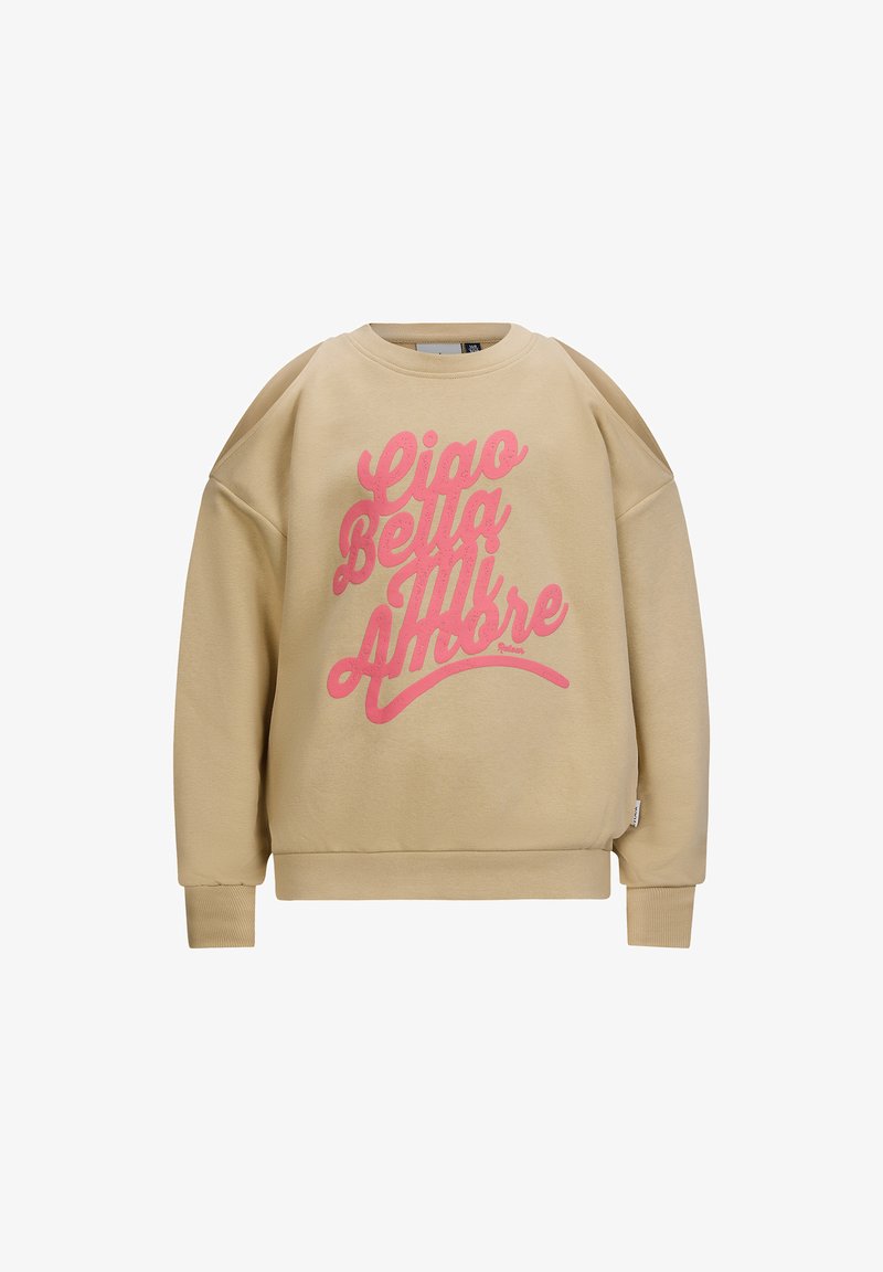 Felpa beige con collo a giro e design oversize. Presenta una scritta grafica rosa "Ciao Bella Amore" sul davanti. Texture morbida.