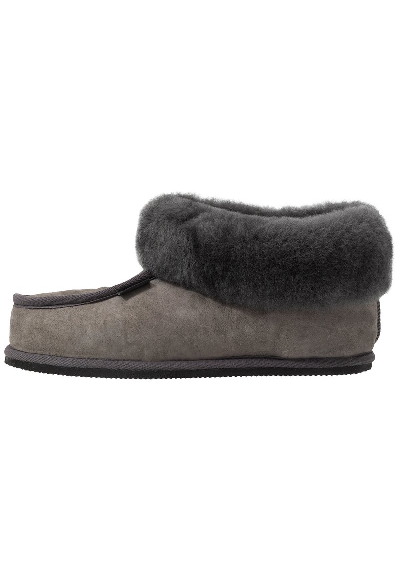 Zapatilla de ante gris con un puño de piel de peluche gris, punta redondeada y suela negra flexible, que presenta una textura suave y detalles de costura mínimos.