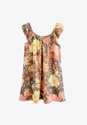 Abito floreale in tessuto leggero con tonalità di giallo pastello, rosa e blu scuro. Presenta maniche a volant e un design ampio e fluido.