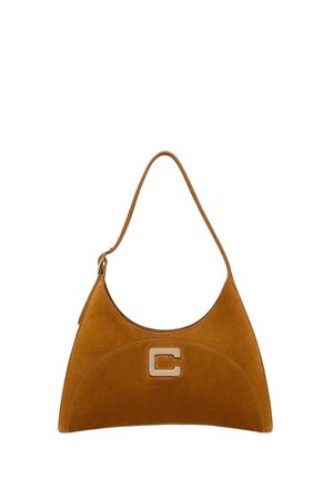 Sac à main en daim marron avec une bandoulière unique et un logo "C" doré proéminent au centre avant.