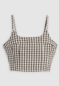 Haut cropped à fines bretelles, présentant un motif vichy brun, noir et blanc. Corsage structuré et tissu légèrement texturé.