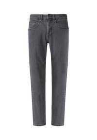 Rechtespijp grijsachtige jeans met knoop- en ritsluiting, voorzakken en riemlussen, weergegeven op een witte achtergrond.