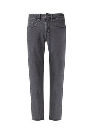 Gerade geschnittene, dunkelgraue Jeans mit Knopf- und Reißverschluss, vorderen Taschen und Gürtelschlaufen, auf einem weißen Hintergrund dargestellt.