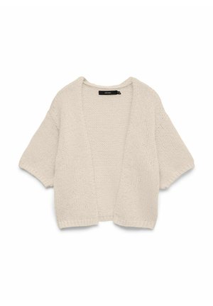 Beige gebreid vest met open voorkant, korte mouwen en geribbelde randen, gemaakt van grof gesponnen garen.