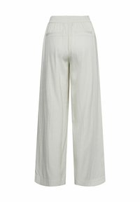 Pantaloni a gamba larga di colore chiaro con un tessuto strutturato, dotati di una vita elastica e due tasche posteriori.