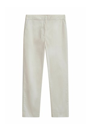 Pantalons droit beige clair en tissu lisse ; dotés de poches latérales et d'une taille mi-haute avec un design avant épuré.