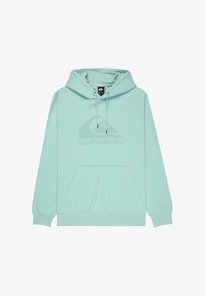 Miętowa bluza z kapturem wykonana z miękkiego materiału, wyposażona w przednią kieszeń oraz duże, tonalne logo Quiksilver na piersi.