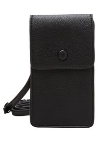 Pouch per telefono in pelle nera con una finitura testurizzata, chiusura a scatto magnetico e tracolla regolabile. Forma rettangolare compatta, senza marchi visibili.
