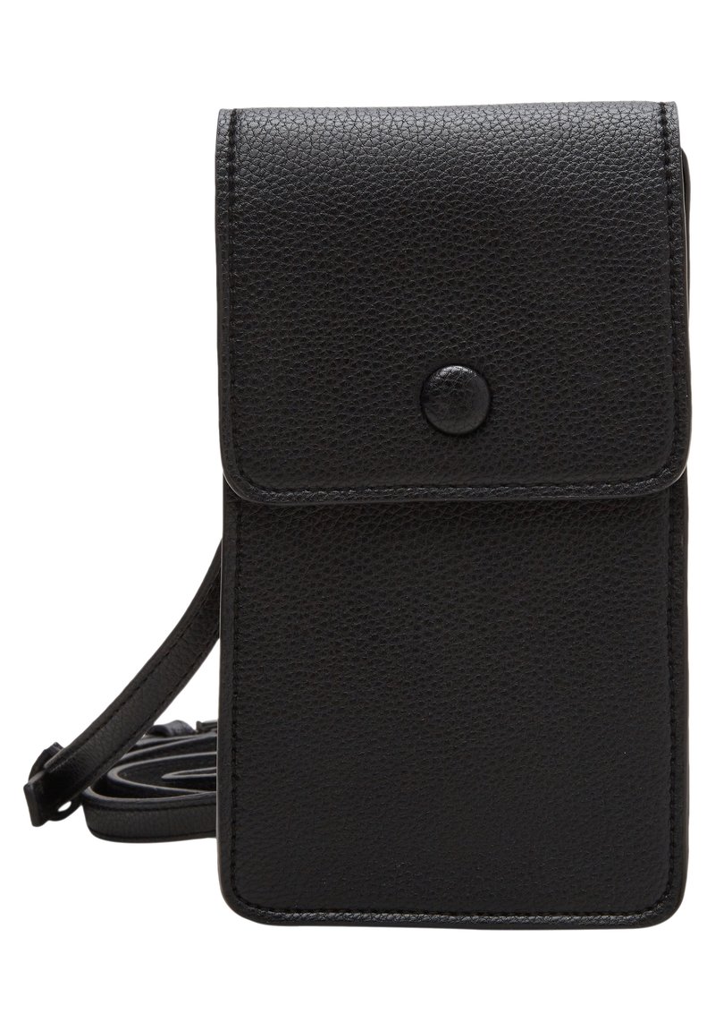 Pouch per telefono in pelle nera con una finitura testurizzata, chiusura a scatto magnetico e tracolla regolabile. Forma rettangolare compatta, senza marchi visibili.
