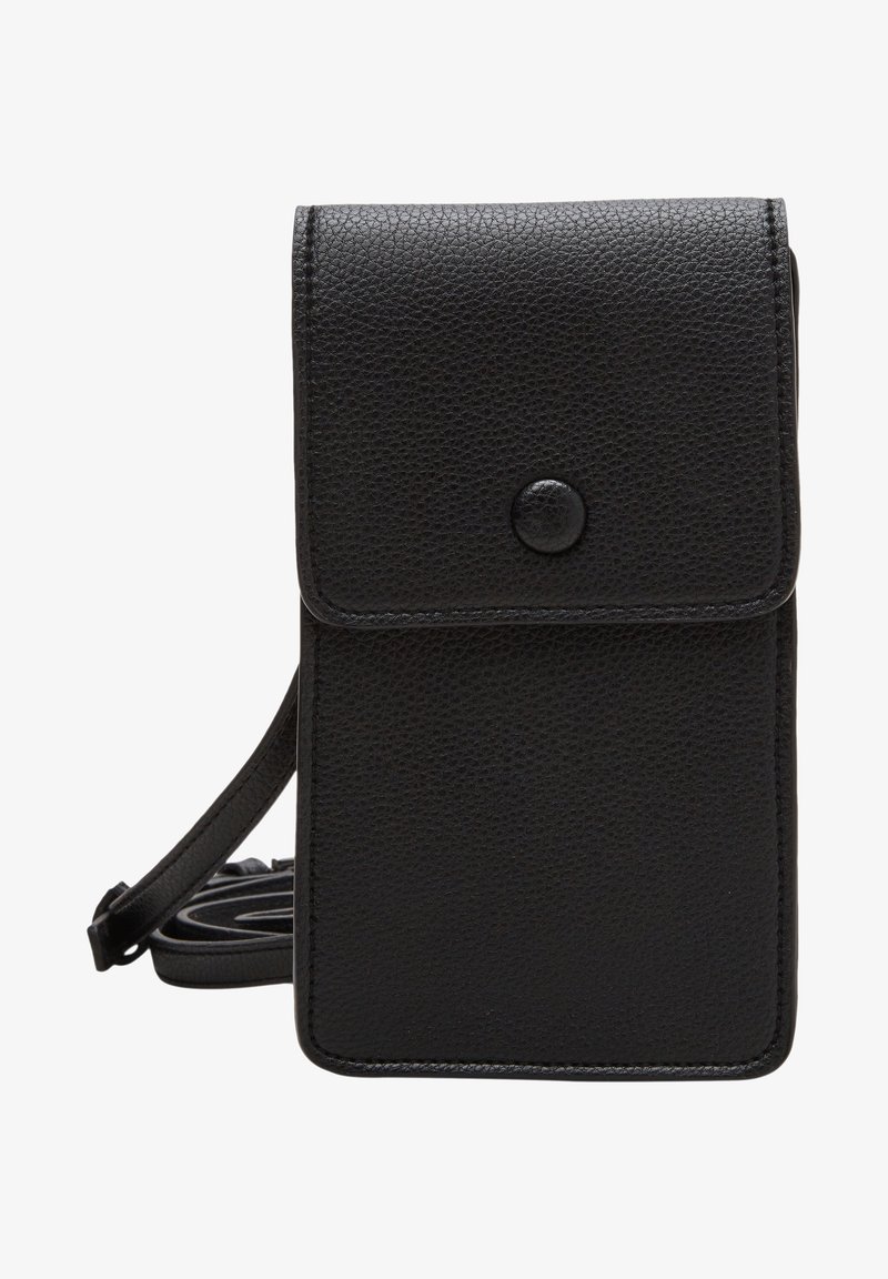Pouch per telefono in pelle nera con una finitura testurizzata, chiusura a scatto magnetico e tracolla regolabile. Forma rettangolare compatta, senza marchi visibili.