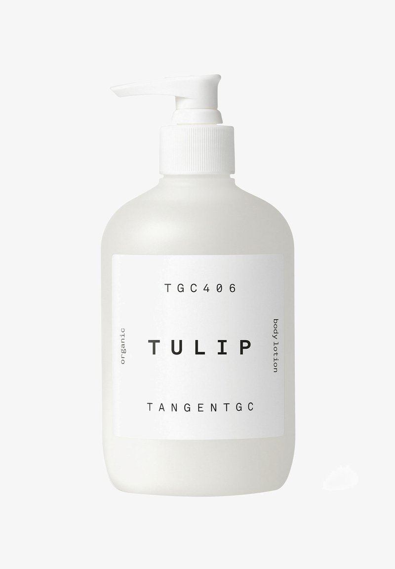 White opaque plastic bottle with a pump dispenser. Label reads "TULIP," "organic," and "body lotion" in bold black text. Simple and modern design.