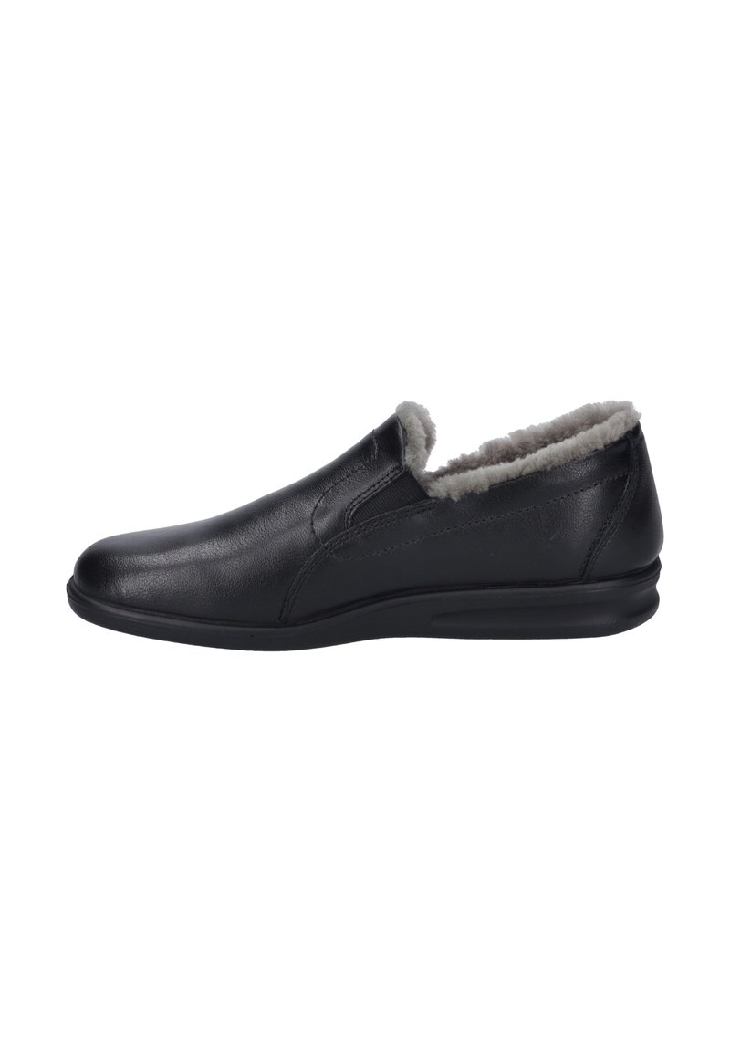 Schwarzer Slipper aus glattem Leder mit einem weichen, flauschigen Innenfutter. Hat elastische Seiteneinsätze und eine abgerundete Zehenpartie. Gummisohle für guten Halt.