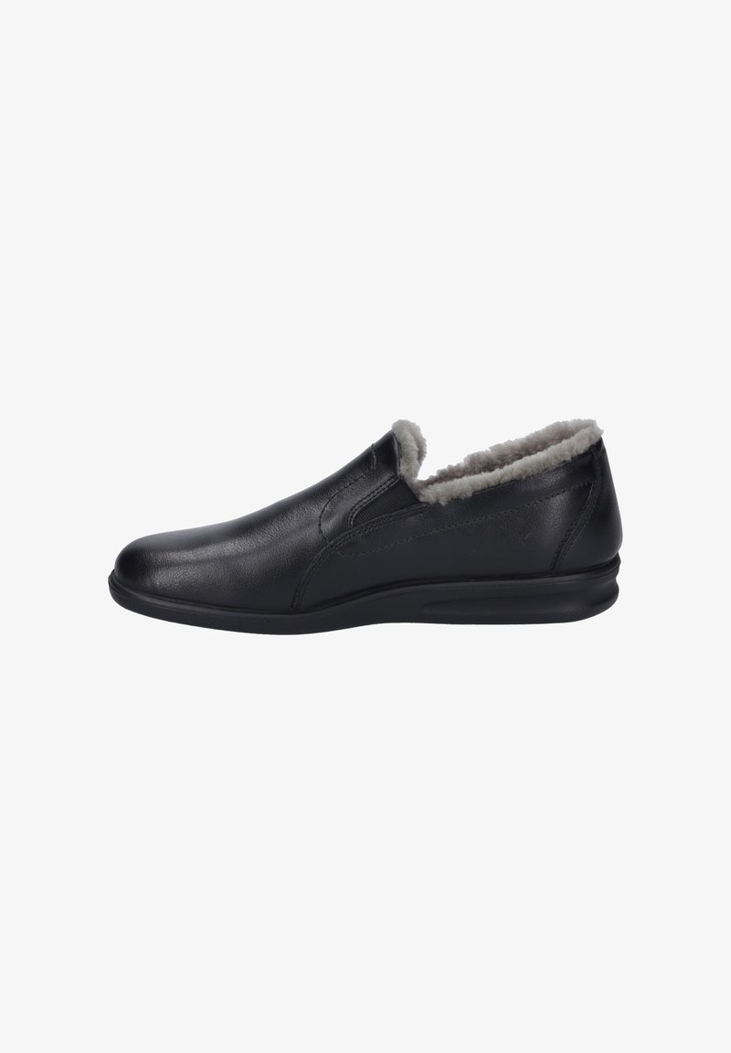 Black slip-on shoe made of smooth leather with a soft, fuzzy lining. Features elastic side panels and a rounded toe. Rubber sole for grip.