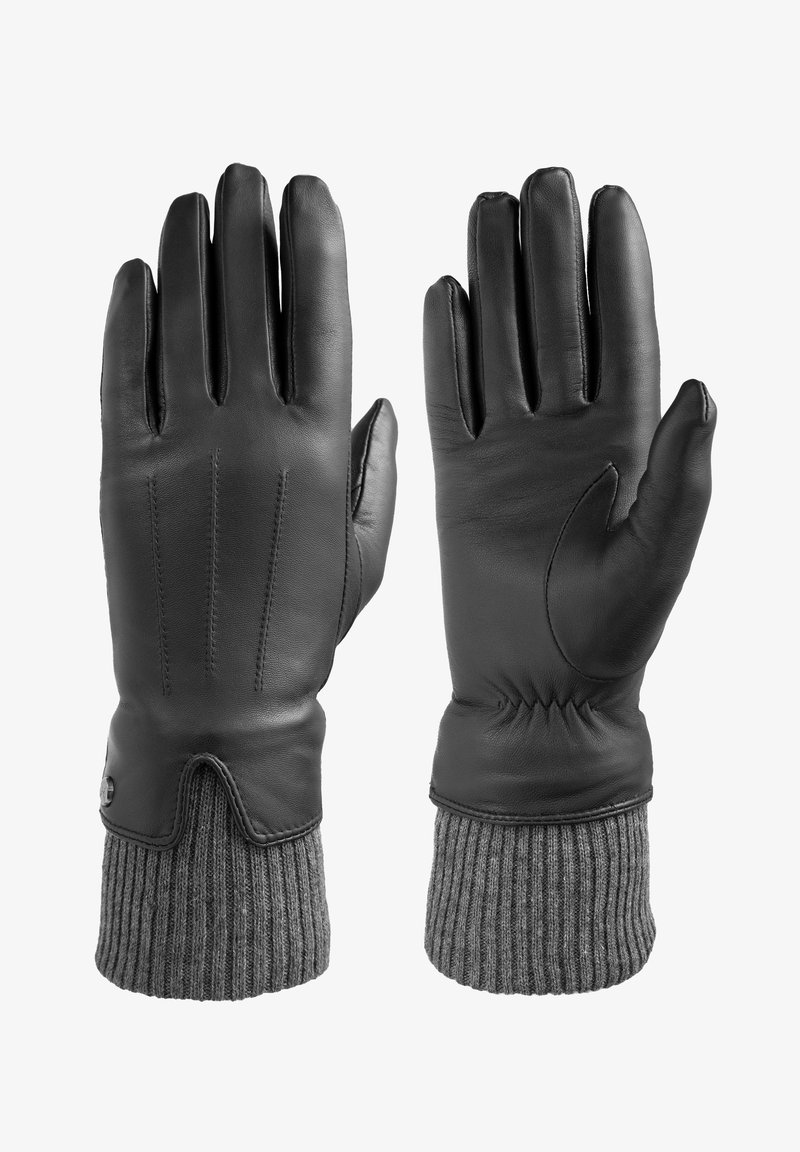 Czarne skórzane rękawiczki z prążkowanym szarym ściągaczem, z trzema ozdobnymi przeszyciami na grzbiecie i dobrze przylegające w nadgarstku.