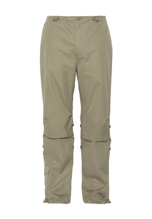 Lettråd, khaki cargo bukser med justerbar talje, lynlåsåbninger ved benene og sidelommer; glat tekstur og slidstærkt materiale.