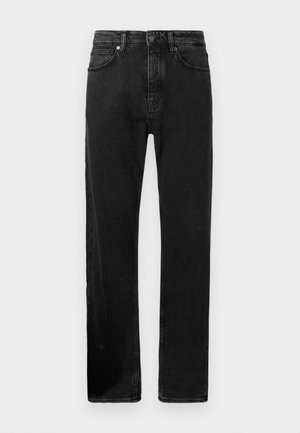 Črne denim hlače s ravnim krojem, petimi žepi, zanko za pas in gumbom za zapiranje. Gladka tekstura z minimalnimi vidnimi šivi.