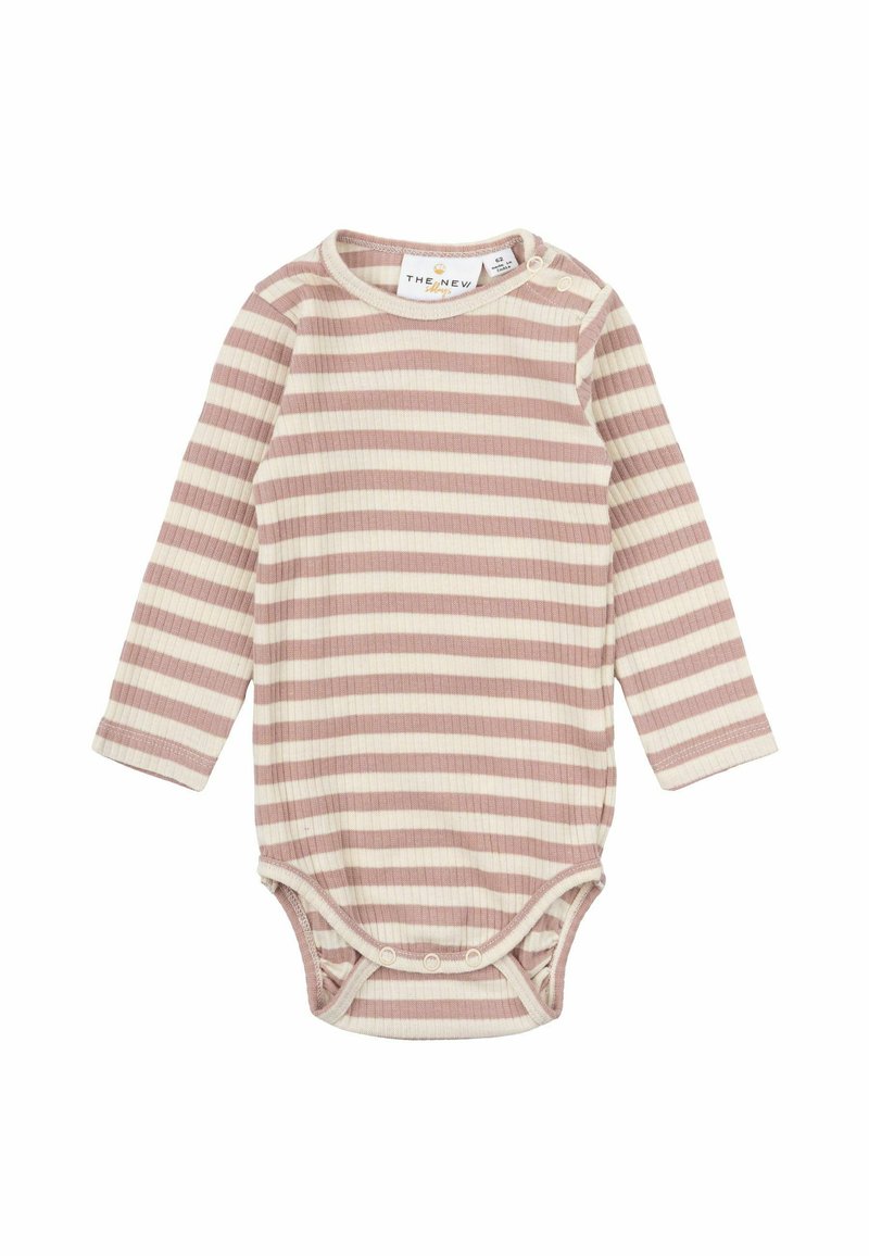 Ilgąsleeve kūdikio bodysuit pagamintas iš minkšto ripsinio audinio, su horizontaliomis rožinėmis ir grietinėlės dryžiais, su užtrauktukais ant peties ir apačios.