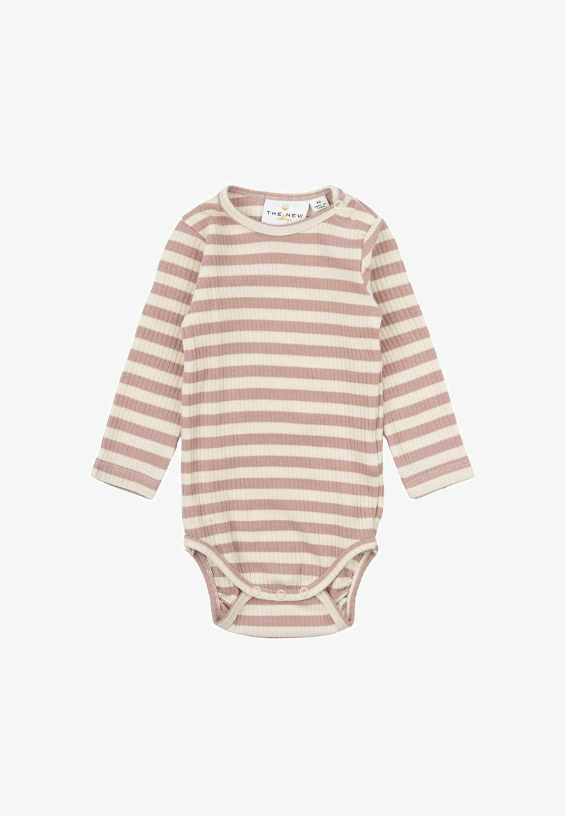 Ilgąsleeve kūdikio bodysuit pagamintas iš minkšto ripsinio audinio, su horizontaliomis rožinėmis ir grietinėlės dryžiais, su užtrauktukais ant peties ir apačios.