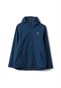 Chaqueta impermeable azul marino con capucha, cremallera completa en el frente, dos bolsillos laterales con cremallera y un pequeño logo triangular amarillo en el pecho.