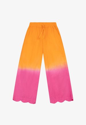 Wijde broek met elastische tailleband en aantrekkoord, met een verloop van oranje naar roze en een zoom met geschulpte randen.