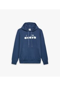 Felpa blu navy realizzata in tessuto misto cotone, dotata di tasca a marsupio, cappuccio con cordino regolabile e stampa bianca del logo sul petto.