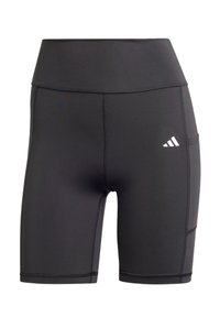 Zwarte high-waisted sportshorts met zijzakken en een klein wit Adidas-logo op de linkerbenen.