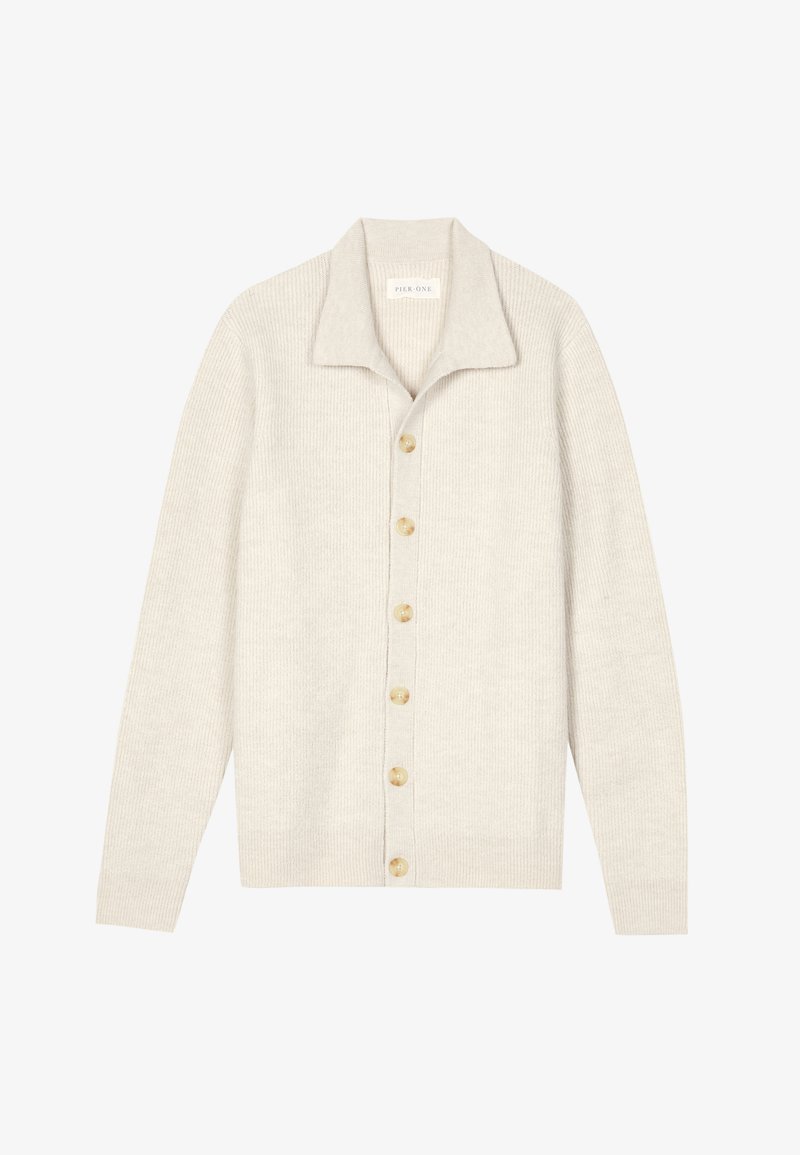 Smėlio spalvos ribuotas kardiganas su ilgomis rankovėmis, plokščiu apykakliu ir septyniais apvaliais mygtukais priekyje. Minkšta tekstūra, tinkama sluoksniavimui.