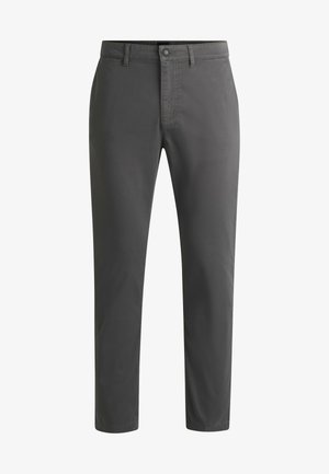 Gray cotton trousers with a straight fit, featuring a zip fly, button closure, and side pockets. Smooth texture and no visible patterns.