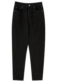 Černé džíny z denimové látky s vysokým pasem, rovnými nohavicemi, předními kapsami, kovovým knoflíkem a minimálními švy.