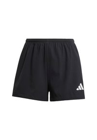 Black athletic shorts made of textured fabric, featuring an elastic waistband and a white Adidas logo on the lower right side.