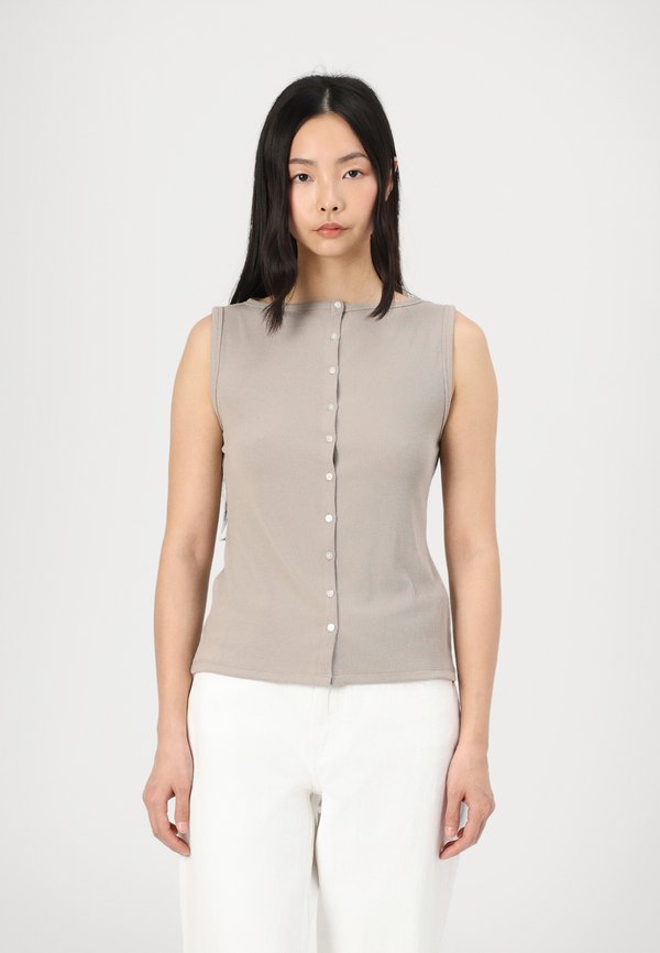 Slash Button-Through Top - Top - chateau gray