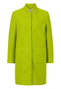 Lime green coat made from textured fabric with a straight cut, featuring a stand-up collar and two front pockets.