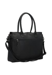 Schwarze Leder-Umhängetasche mit zwei oberen Tragegriffen, verstellbarem Schultergurt, Reißverschluss-Vordertasche und glatter Textur. Einfaches rechteckiges Design.