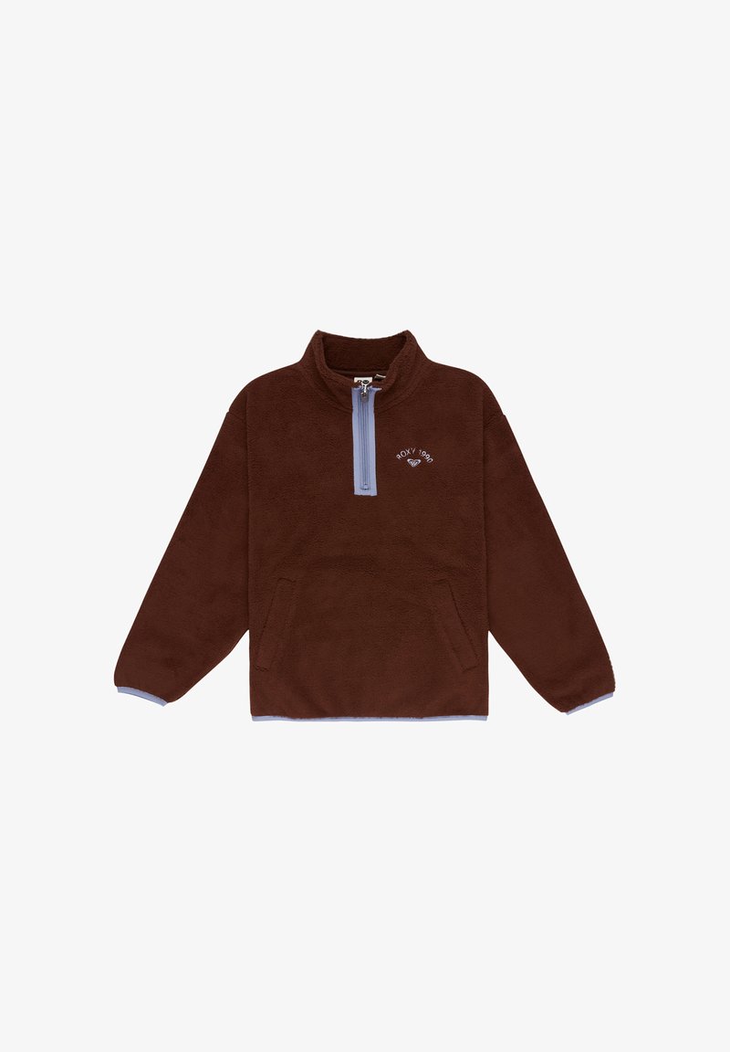 Pull-over en polaire marron avec une fermeture éclair bleu clair au quart, poches avant, et logo "ROXY 1990" sur le côté gauche de la poitrine.