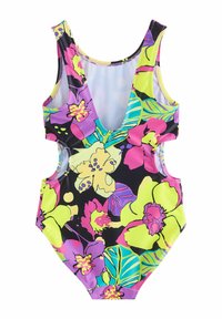 Én-delt svømmedragt med udsirede sider, prydet med livlige store blomster mønstre i gul, pink, lilla, turkis og grøn på en sort baggrund.