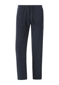 Navy Jogginghosen aus einem Baumwollmischgewebe, mit einem Kordelzugbund, seitlichen Taschen mit Metallakzenten und einem schmal zulaufenden Bein-Design.