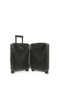 Valise rigide vert foncé avec une poignée rétractable, quatre roues et un séparateur intérieur en filet, présentant un design élégant et durable.