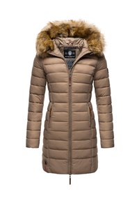 Beige péřová bunda s kapucí lemovanou kožešinou, prošívaný design, zip na přední straně, dvě boční kapsy s hnědými akcenty a střední délka.