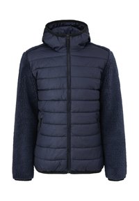 Giacca puffer blu navy con cappuccio, featuring sezioni trapuntate, maniche in pile, zip nera e polsini elastici. Texture morbida sulle maniche.