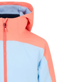 Hooded jacket featuring a coral upper and light blue lower section, with a visible zipper and soft fleece lining in the hood.