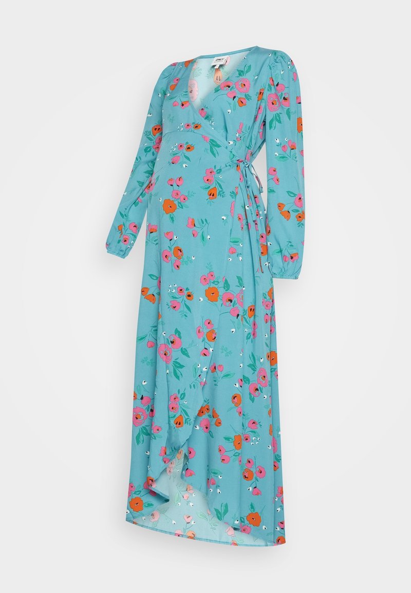 Robe longue enveloppante en tissu léger turquoise avec des imprimés floraux en rose, orange et vert. Comprend des manches longues et une ceinture à nouer.
