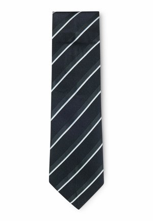 Navy striped tie featuring diagonal white and light gray stripes. The fabric has a textured surface, and the tip is pointed.