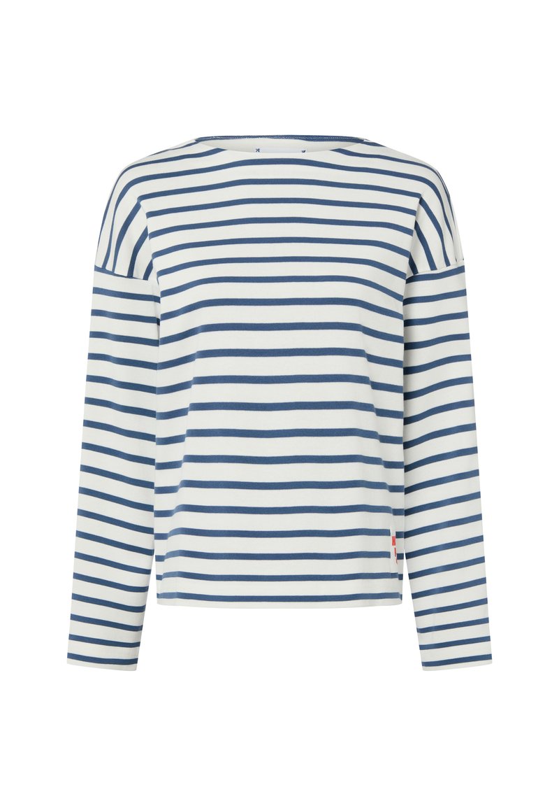 Langärmeliges Oberteil aus weißem Stoff mit marineblauen horizontalen Streifen. Verfügt über einen weiten Ausschnitt und eine lockere Passform. Auffälliges rotes Etikett am Saum.
